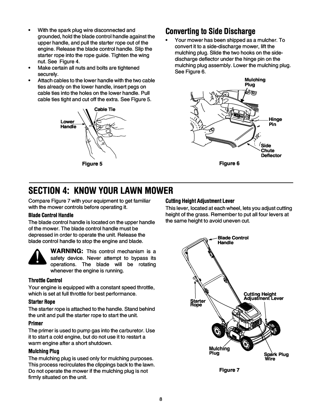 Troy-Bilt 106 Know Your Lawn Mower, Converting to Side Discharge, Blade Control Handle, Throttle Control, Starter Rope 