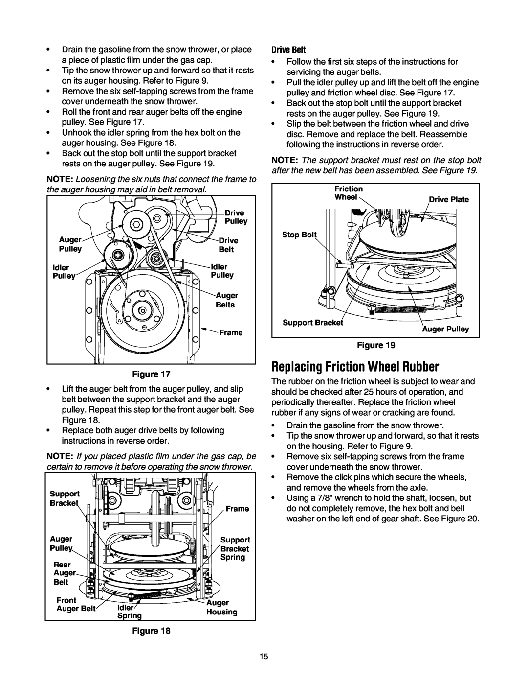 Troy-Bilt 1028, 1130 manual Replacing Friction Wheel Rubber, Drive Belt, belt between the support bracket and the auger 