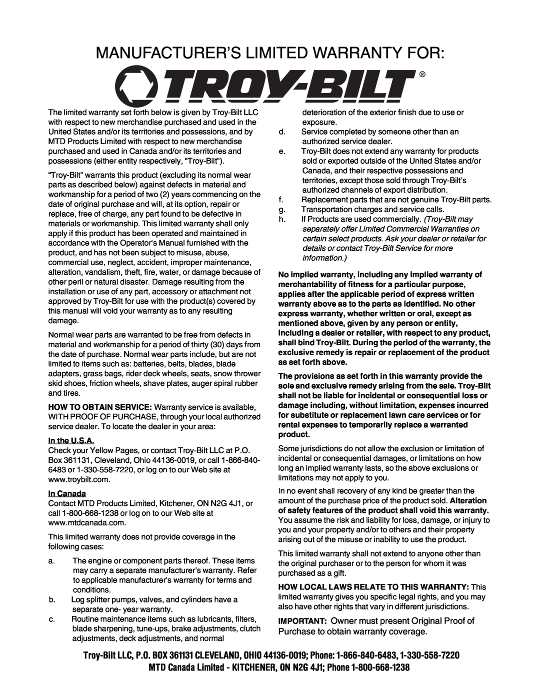 Troy-Bilt 1130, 1028 manual Manufacturer’S Limited Warranty For 