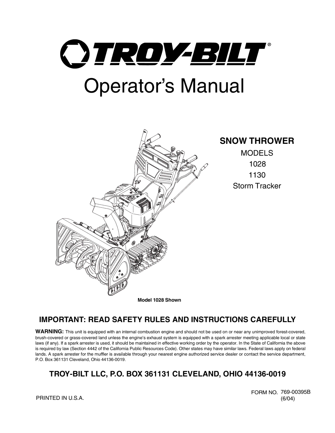 Troy-Bilt 1028, 1130 manual Operator’s Manual 