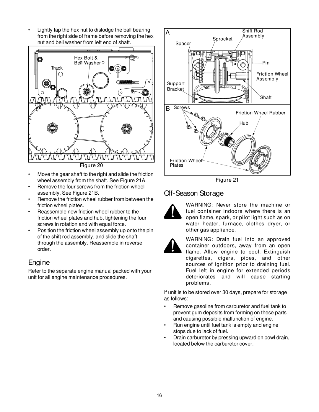 Troy-Bilt 1130, 1028 manual Engine, Off-Season Storage 