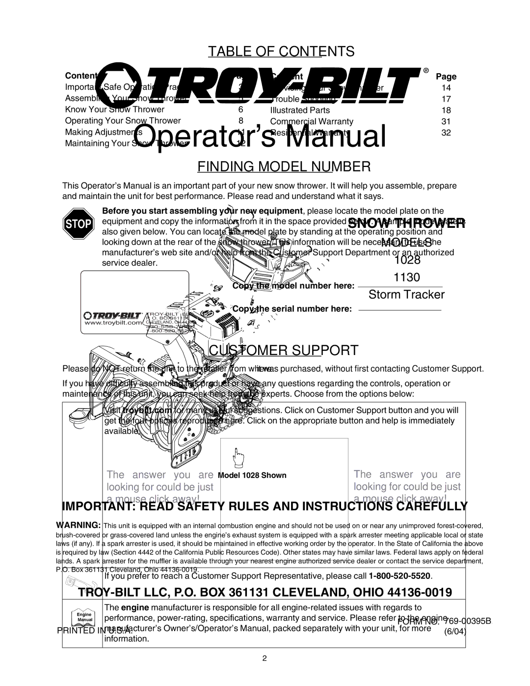 Troy-Bilt 1130, 1028 manual Table of Contents 