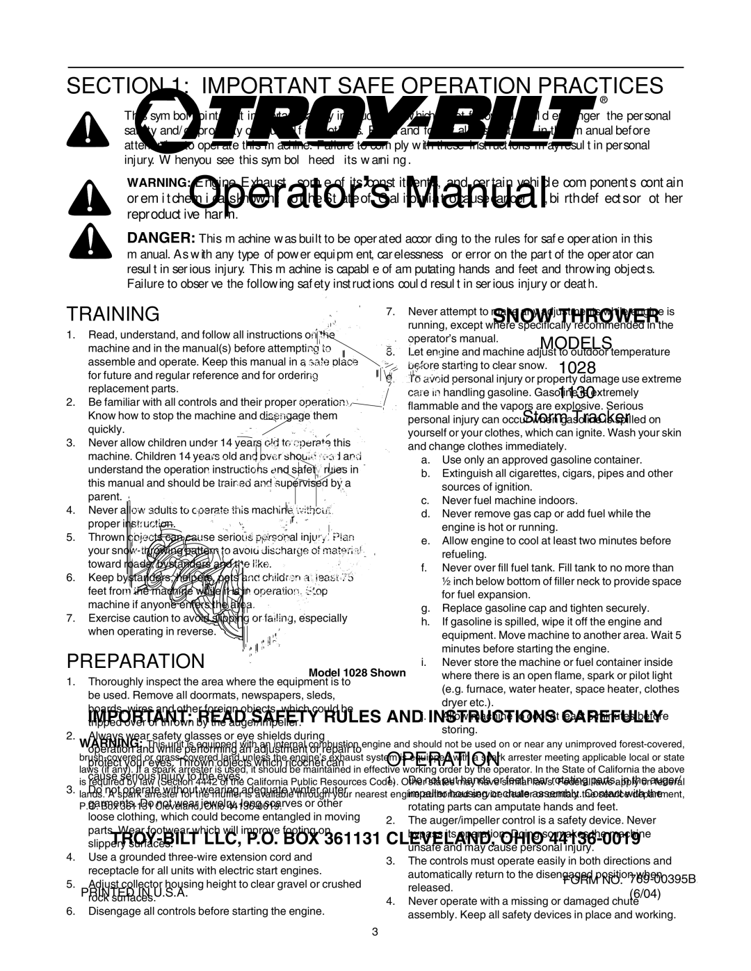 Troy-Bilt 1028, 1130 manual Important Safe Operation Practices, Training 