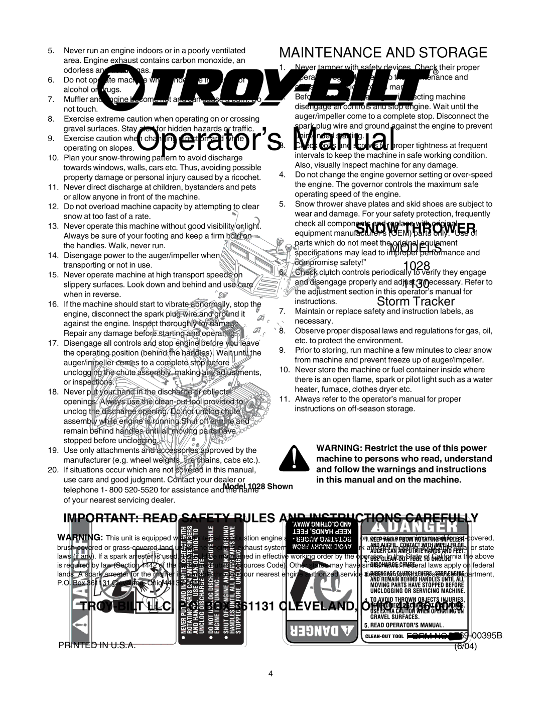 Troy-Bilt 1130, 1028 manual Maintenance and Storage 