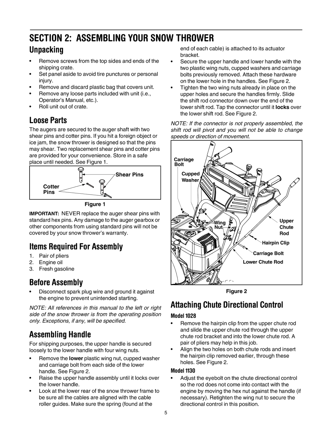 Troy-Bilt 1028, 1130 manual Assembling Your Snow Thrower 