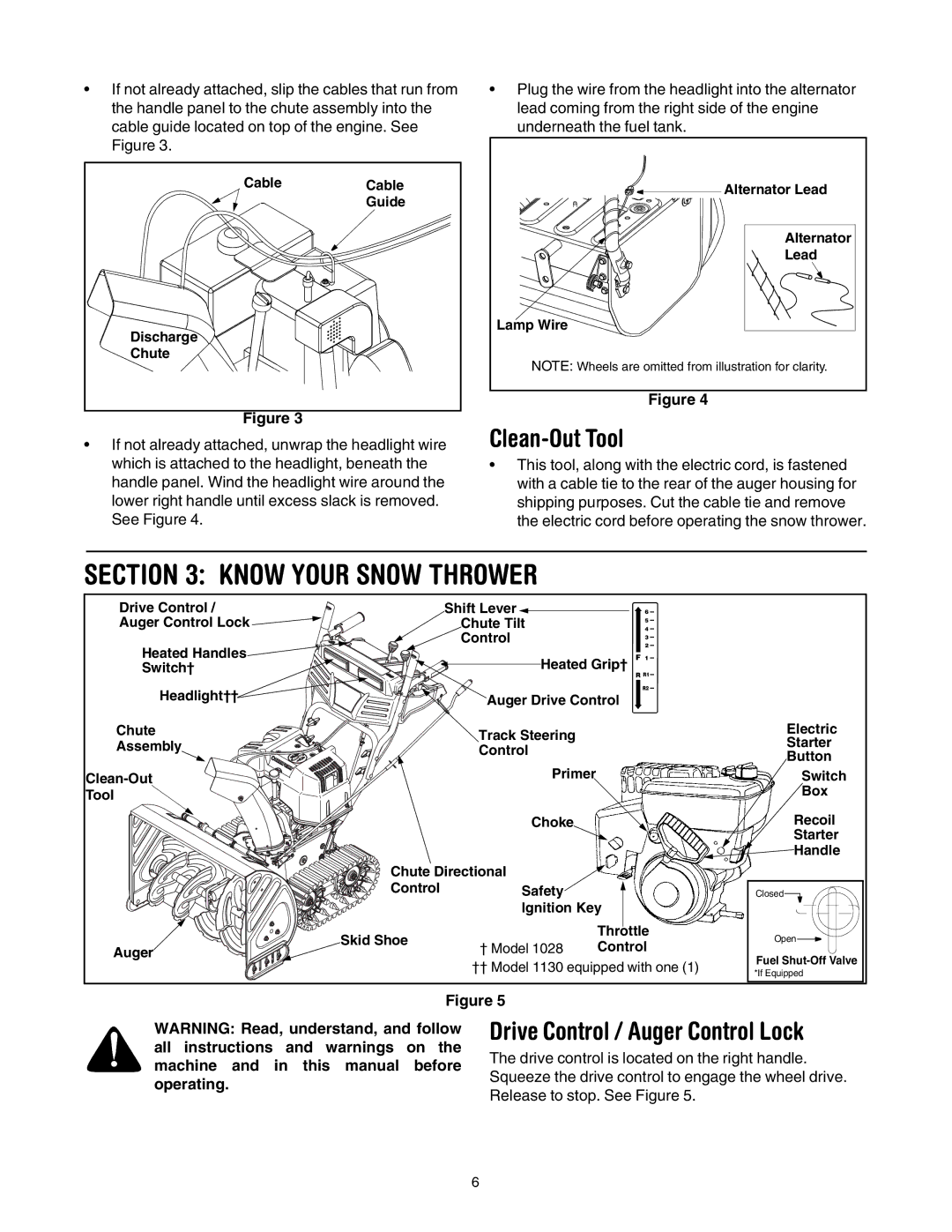 Troy-Bilt 1130, 1028 manual Know Your Snow Thrower, Clean-Out Tool, Drive Control / Auger Control Lock 