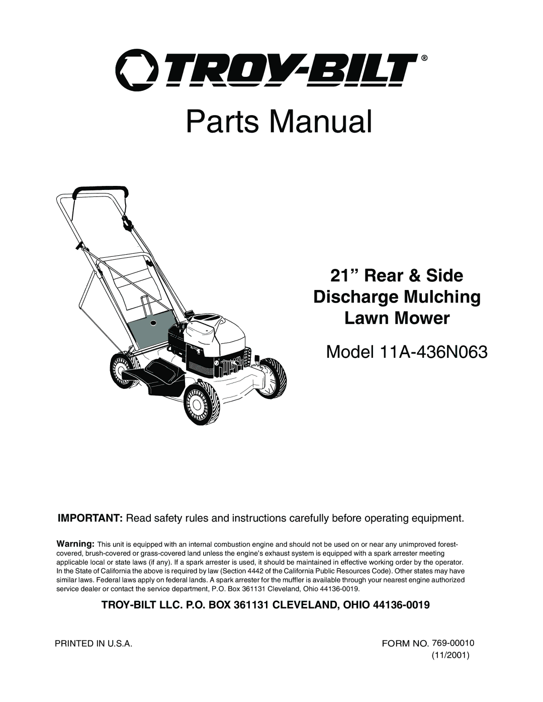 Troy-Bilt 11A-436N063 manual Parts Manual 