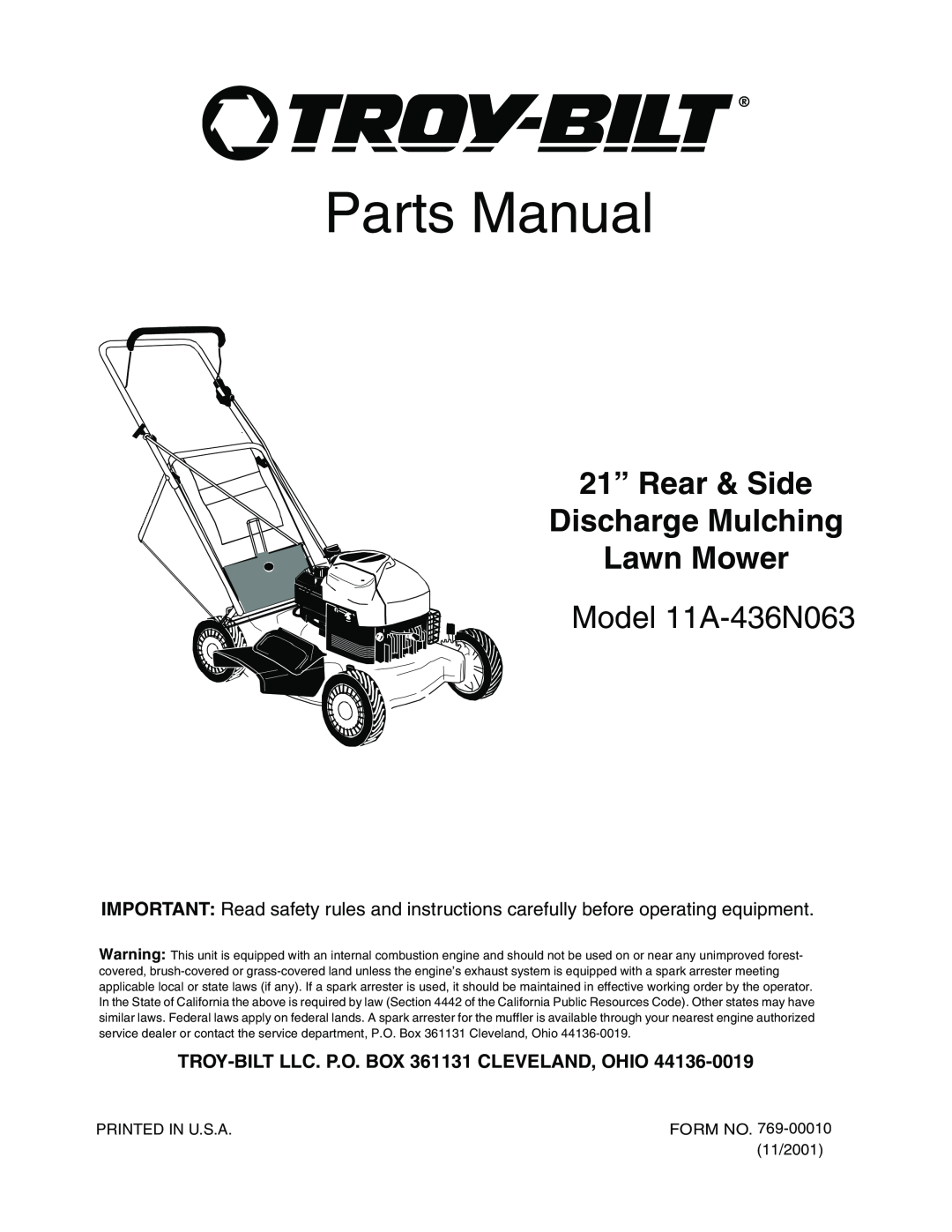Troy-Bilt manual Parts Manual, 21” Rear & Side Discharge Mulching Lawn Mower, Model 11A-436N063, FORM NO. 769-00010.fm 