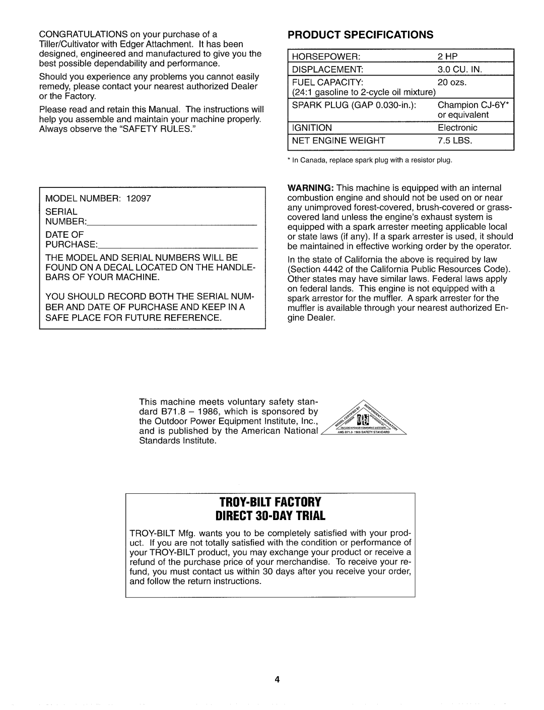 Troy-Bilt 12097 manual 