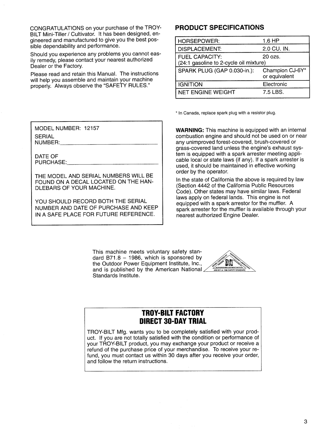 Troy-Bilt 12157 manual 