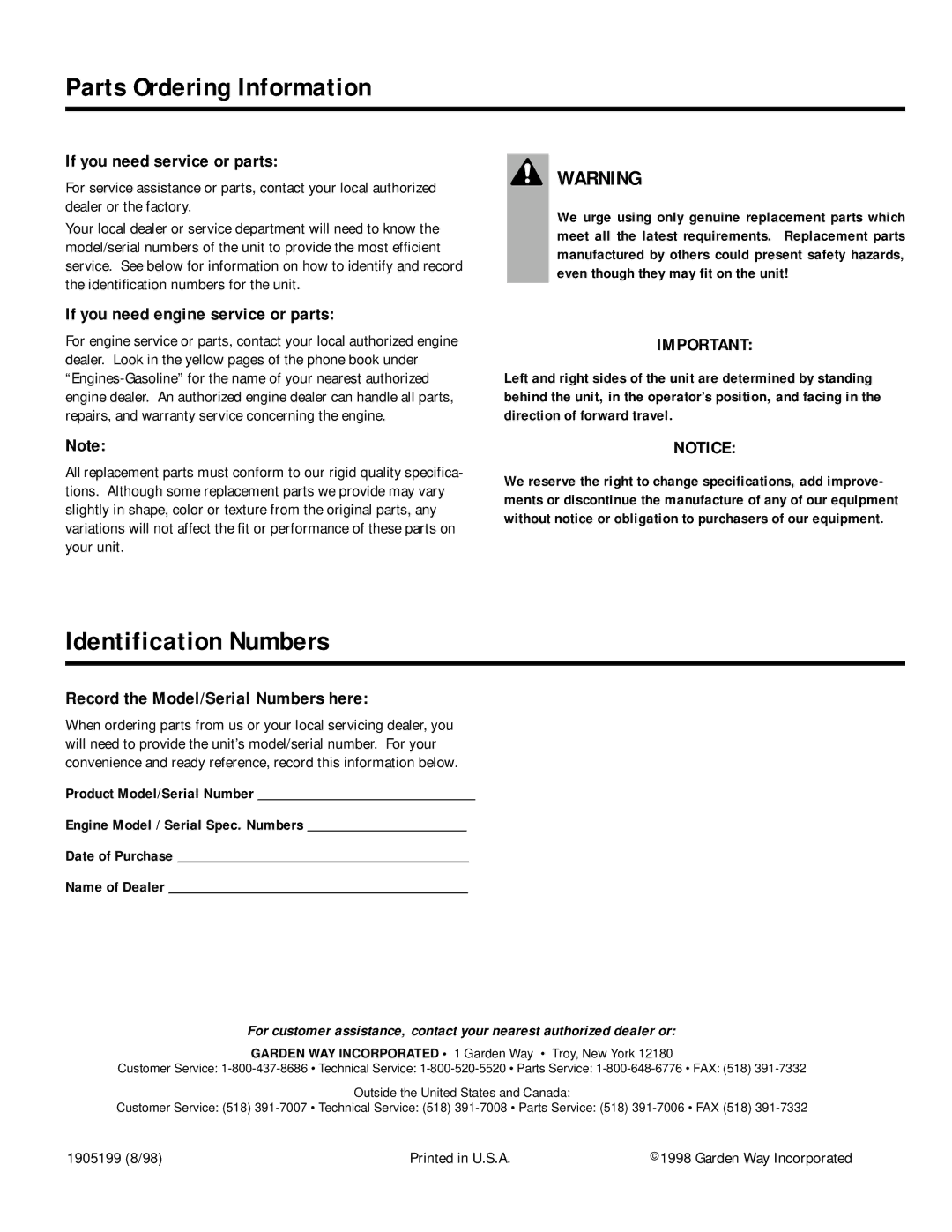 Troy-Bilt 12163 manual Parts Ordering Information 