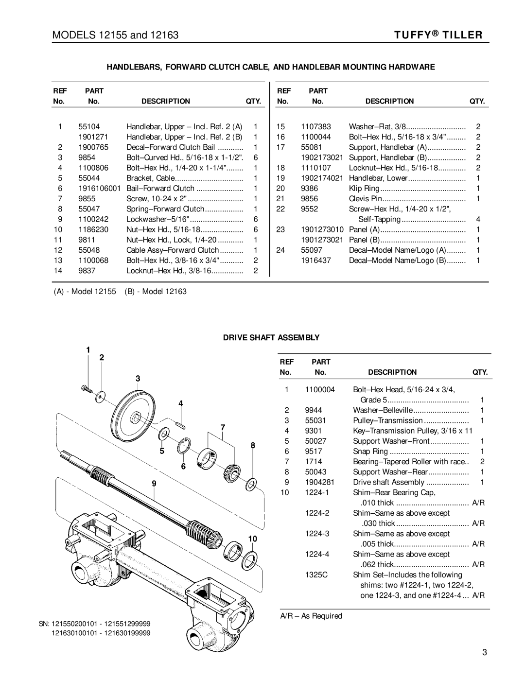 Troy-Bilt 12163 manual Drive Shaft Assembly, Part Description 