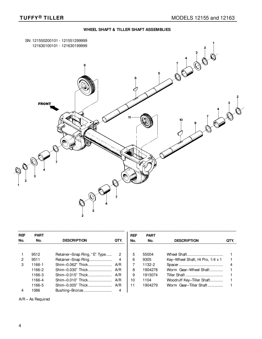 Troy-Bilt 12163 manual Wheel Shaft & Tiller Shaft Assemblies 