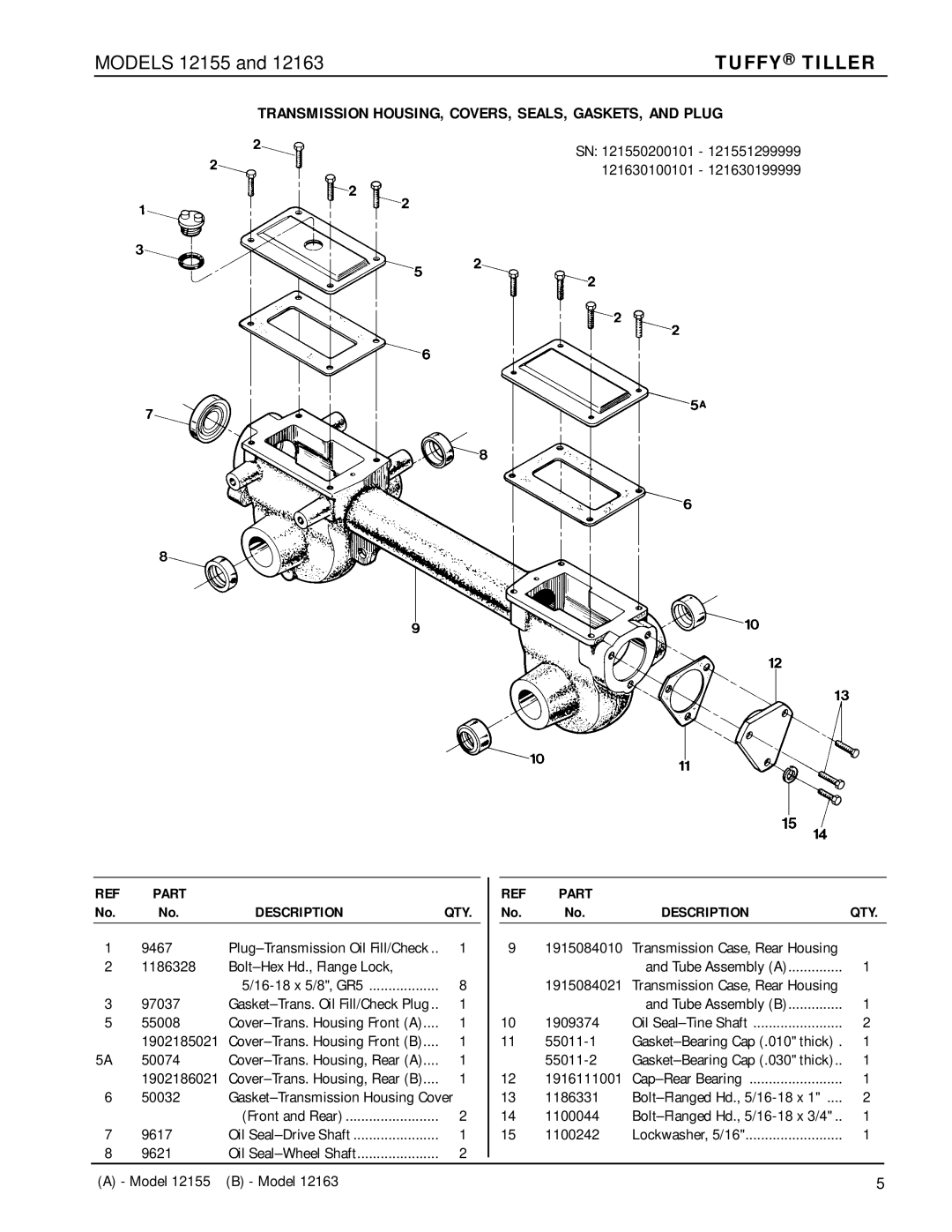 Troy-Bilt 12163 manual Transmission HOUSING, COVERS, SEALS, GASKETS, and Plug 