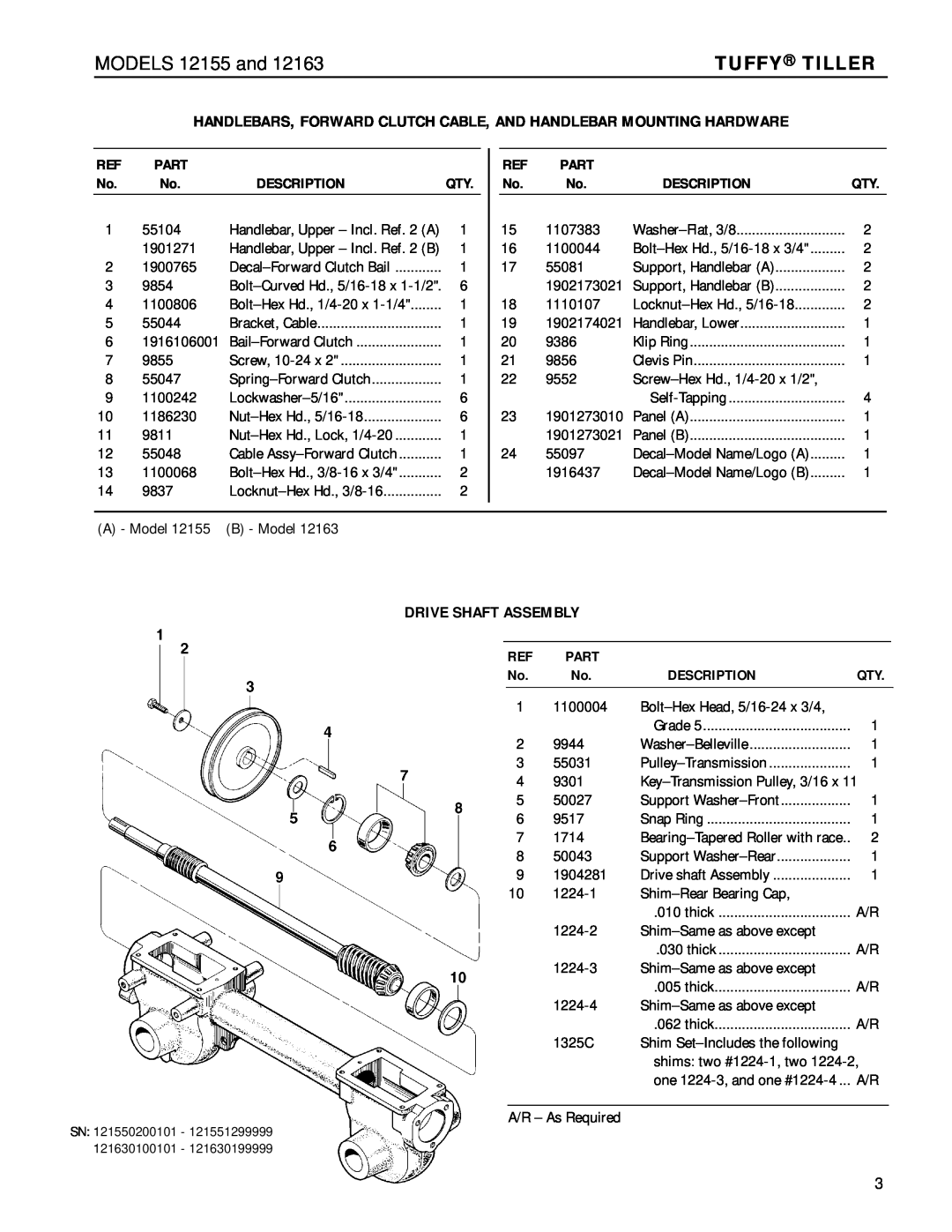 Troy-Bilt 12163 manual Drive Shaft Assembly, Part, Description, MODELS 12155 and, Tuffy Tiller 
