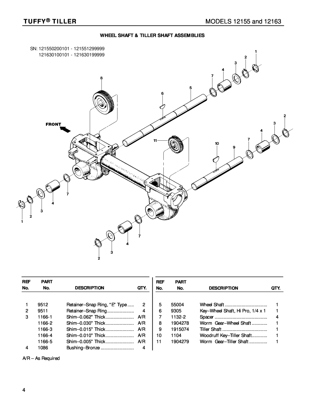 Troy-Bilt 12163 manual Wheel Shaft & Tiller Shaft Assemblies, Tuffy Tiller, MODELS 12155 and, Part, Description 