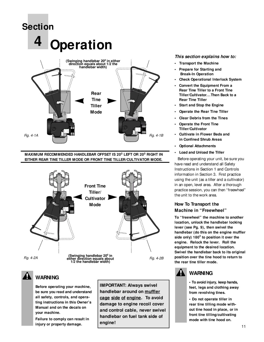 Troy-Bilt 12168 owner manual Operation, Rear Tine Tiller Mode, How To Transport Machine in Freewheel 