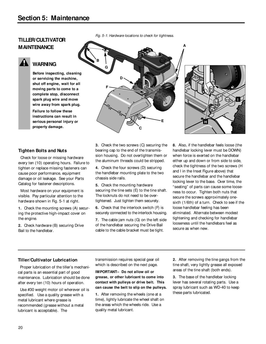 Troy-Bilt 12168 owner manual Maintenance, Tighten Bolts and Nuts, Tiller/Cultivator Lubrication 