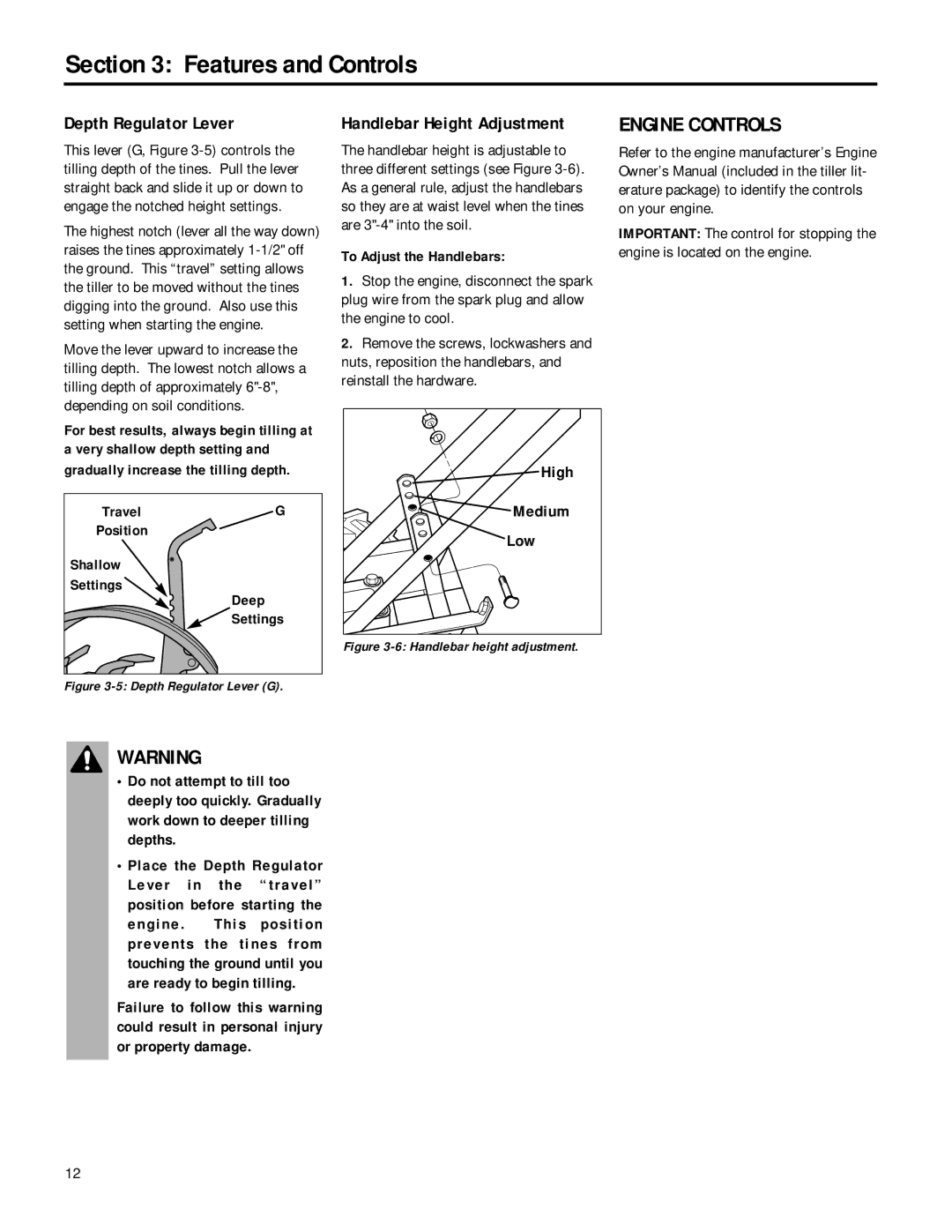 Troy-Bilt 12180 Depth Regulator Lever, Handlebar Height Adjustment, Shallow Settings Deep, To Adjust the Handlebars 