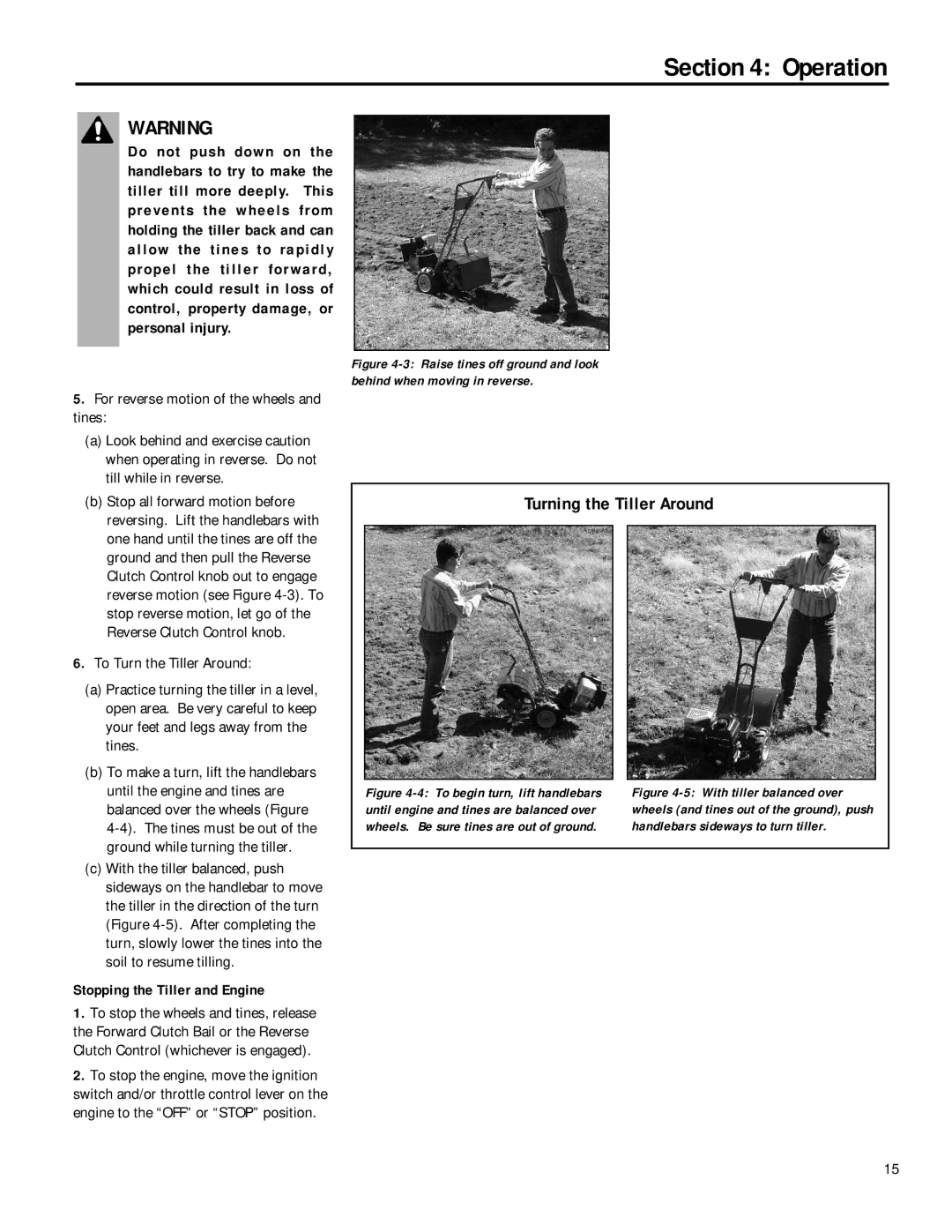 Troy-Bilt 12180 Turning the Tiller Around, For reverse motion of the wheels and tines, Stopping the Tiller and Engine 