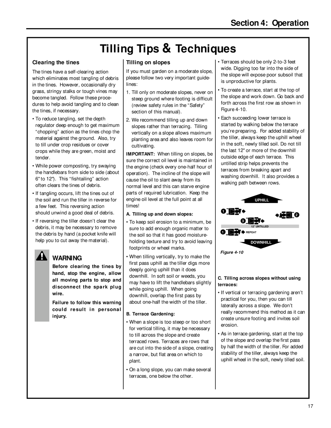 Troy-Bilt 12180 owner manual Clearing the tines, Tilling on slopes, Tilling up and down slopes, Terrace Gardening 