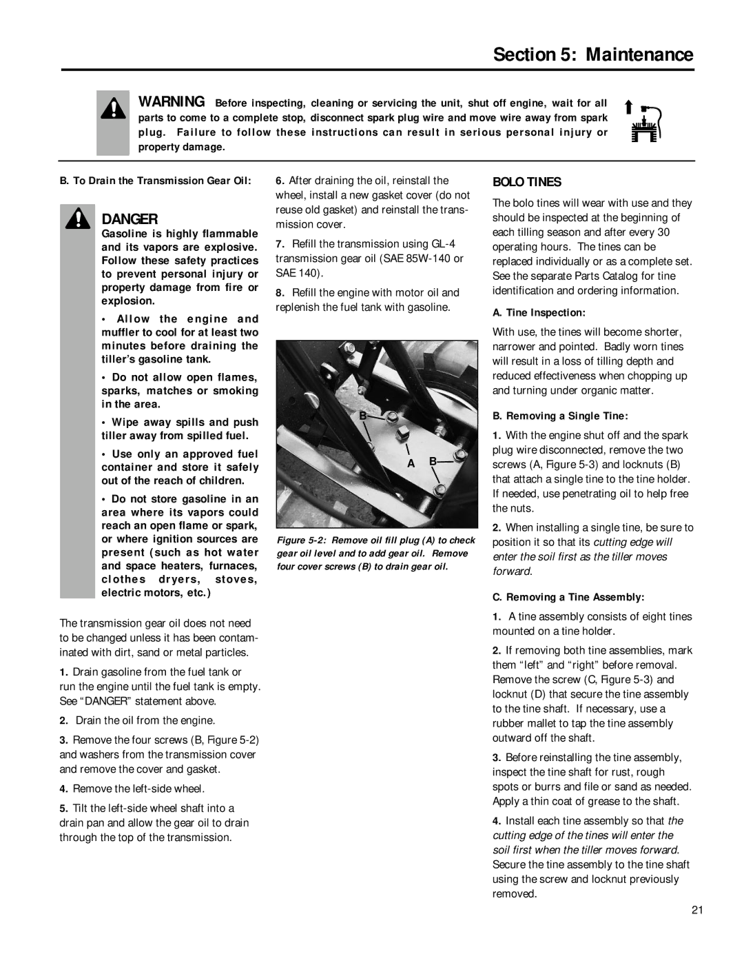 Troy-Bilt 12180 owner manual Bolo Tines, Tine Inspection, Removing a Single Tine, Removing a Tine Assembly 