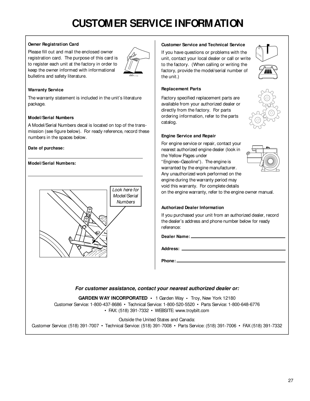 Troy-Bilt 12180 Owner Registration Card, Warranty Service, Date of purchase Model/Serial Numbers, Replacement Parts 