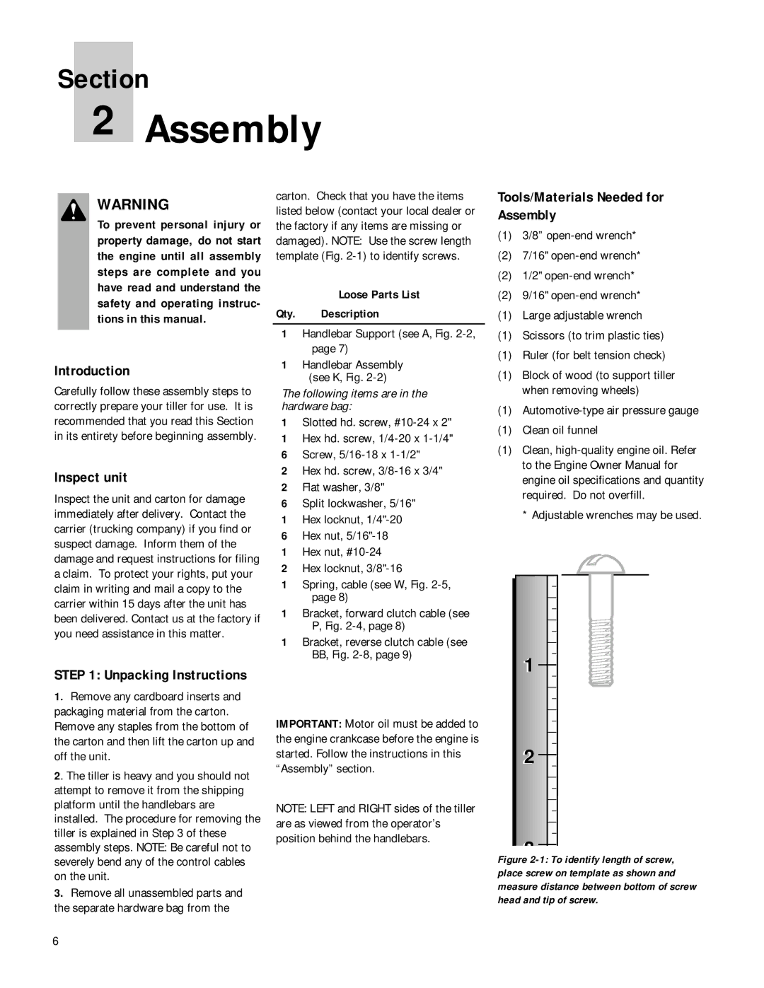 Troy-Bilt 12180 Introduction, Inspect unit, Tools/Materials Needed for Assembly, Loose Parts List Qty. Description 