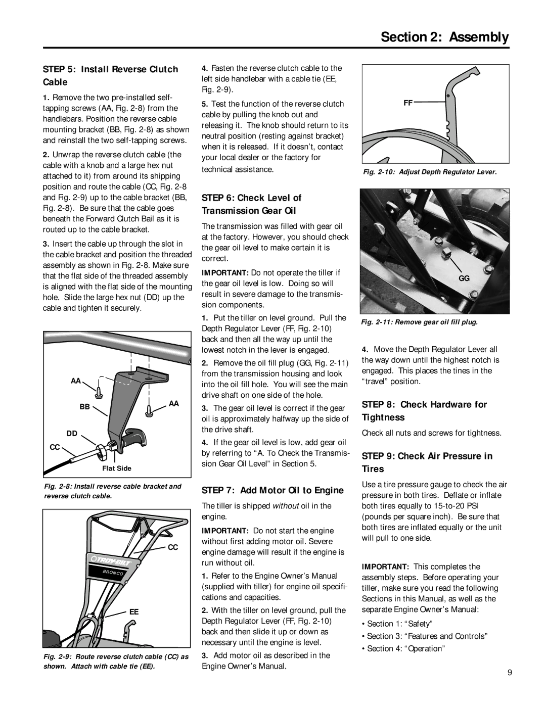 Troy-Bilt 12180 owner manual Install Reverse Clutch Cable, Check Level Transmission Gear Oil, Check Hardware for Tightness 