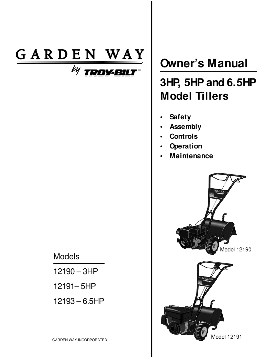 Troy-Bilt 12214 - 5.5HP, 12190-3HP owner manual 3HP, 5HP and 6.5HP Model Tillers 