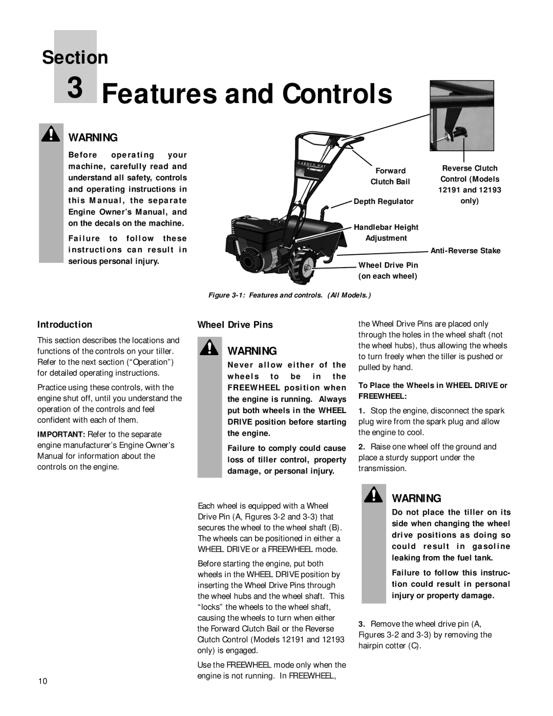 Troy-Bilt 12190-3HP Features and Controls, Wheel Drive Pins, Anti-Reverse Stake, To Place the Wheels in Wheel Drive or 