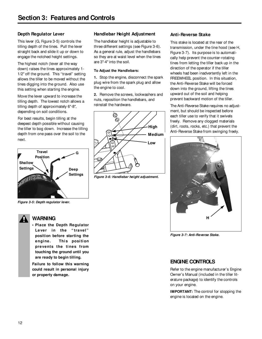 Troy-Bilt 12190-3HP Depth Regulator Lever, Handlebar Height Adjustment, Anti-Reverse Stake, Shallow Settings Deep 