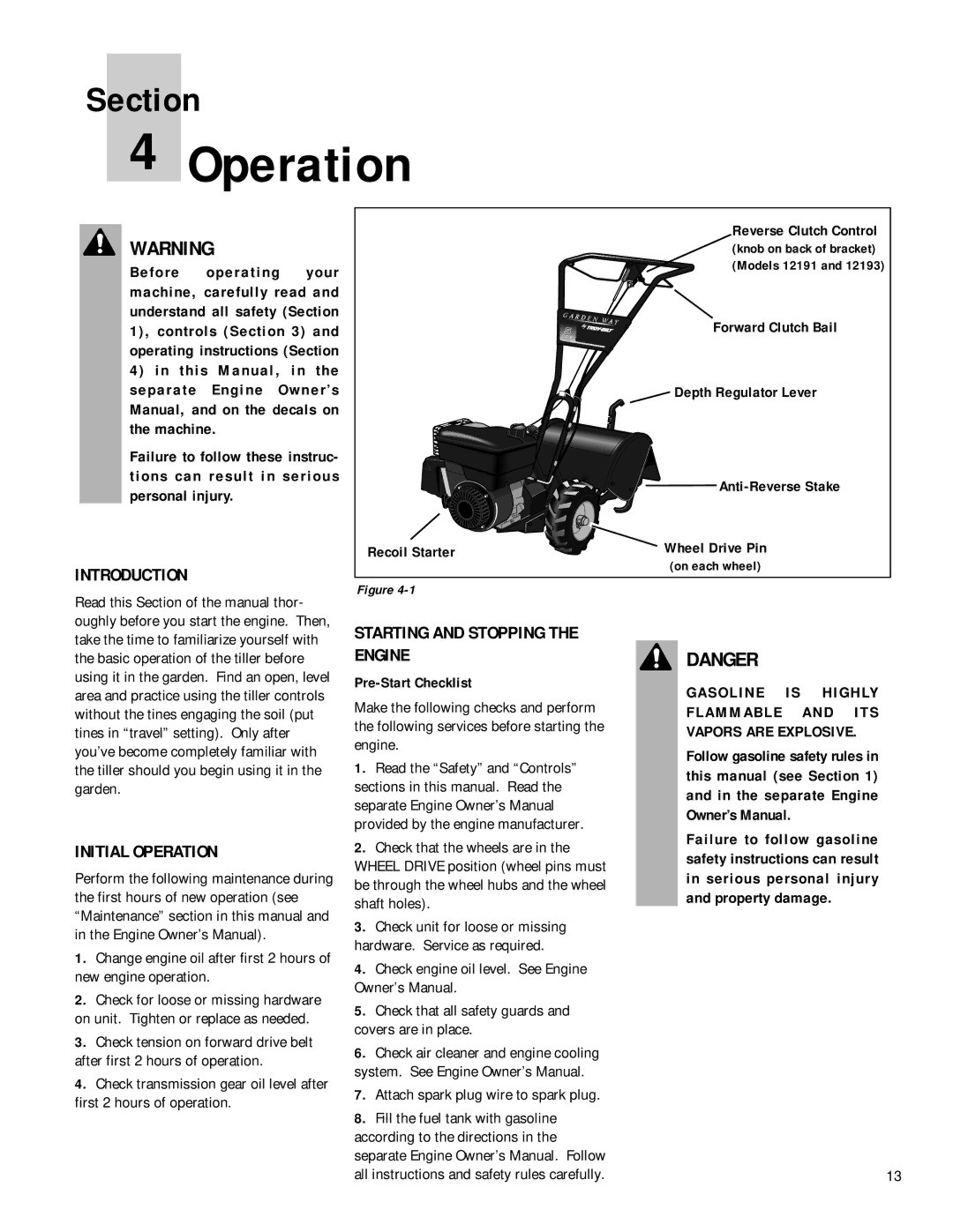 Troy-Bilt 12214 - 5.5HP, 12190-3HP owner manual Introduction, Initial Operation, Starting and Stopping the Engine 