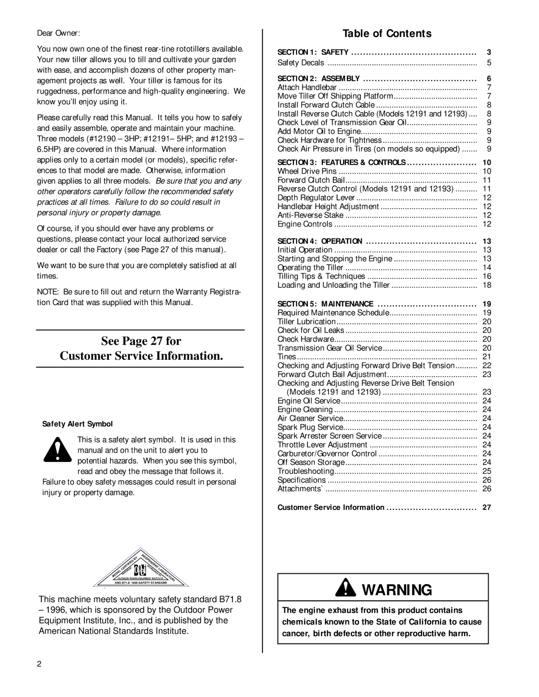 Troy-Bilt 12190-3HP, 12214 - 5.5HP owner manual Table of Contents 