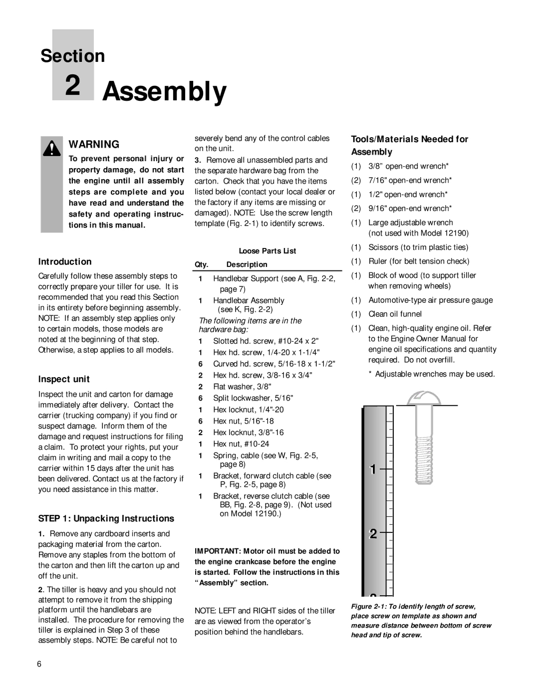 Troy-Bilt 12190-3HP Introduction, Inspect unit, Tools/Materials Needed for Assembly, Loose Parts List Qty. Description 