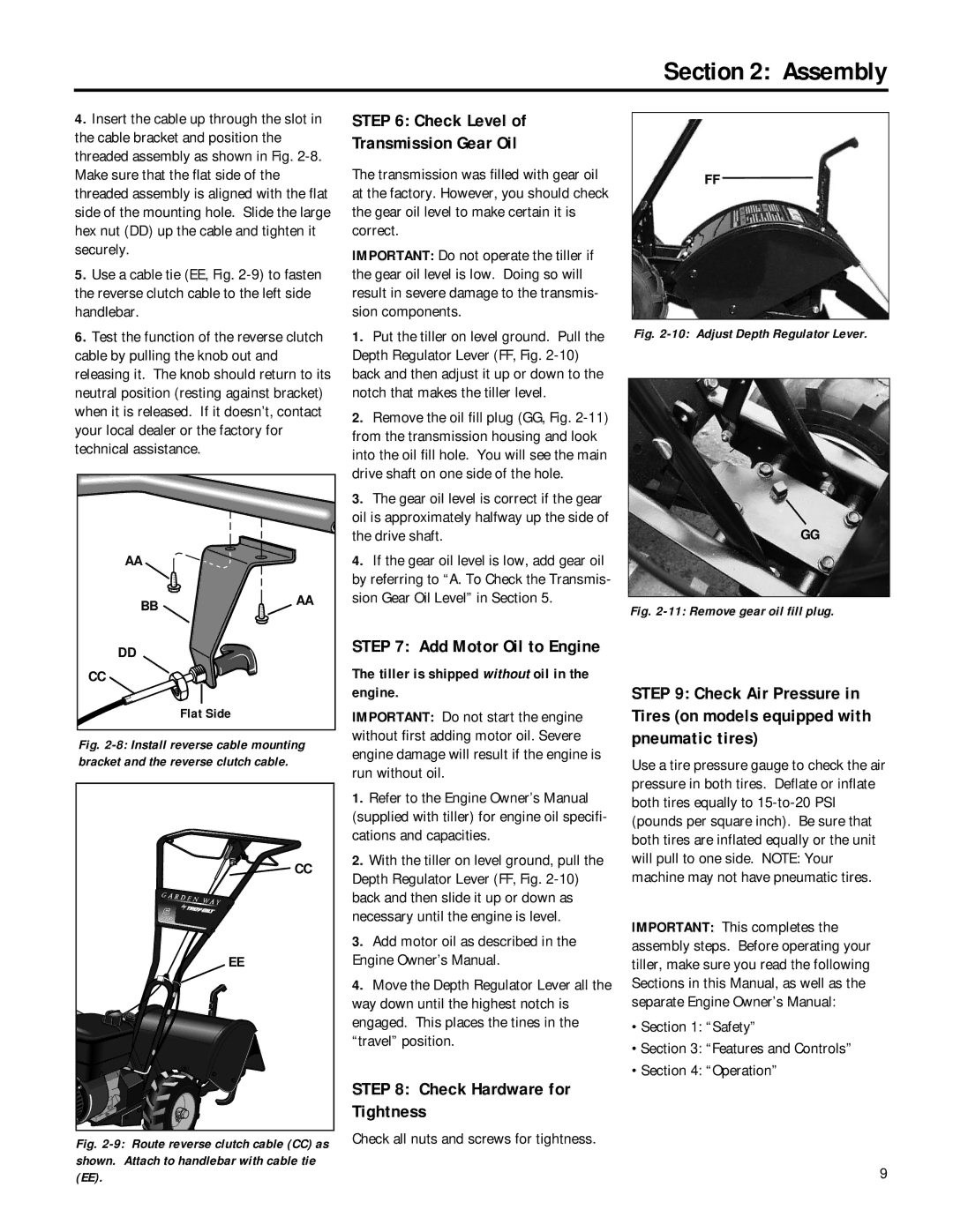 Troy-Bilt 12214 - 5.5HP, 12190-3HP owner manual Check Level Transmission Gear Oil, Check Hardware for Tightness 