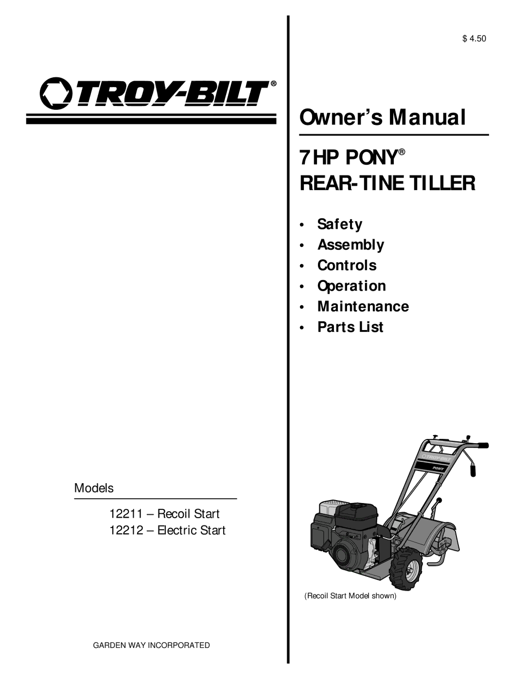 Troy-Bilt 12211, 12212 owner manual 7HP Pony REAR-TINE Tiller, Recoil Start Model shown 