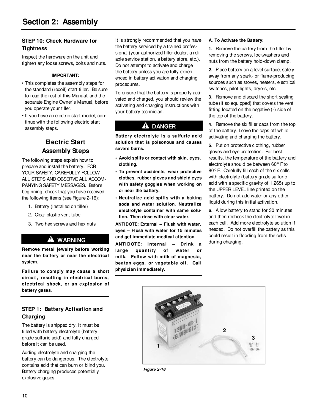 Troy-Bilt 12212, 12211 owner manual Check Hardware for Tightness, Battery Activation and Charging 