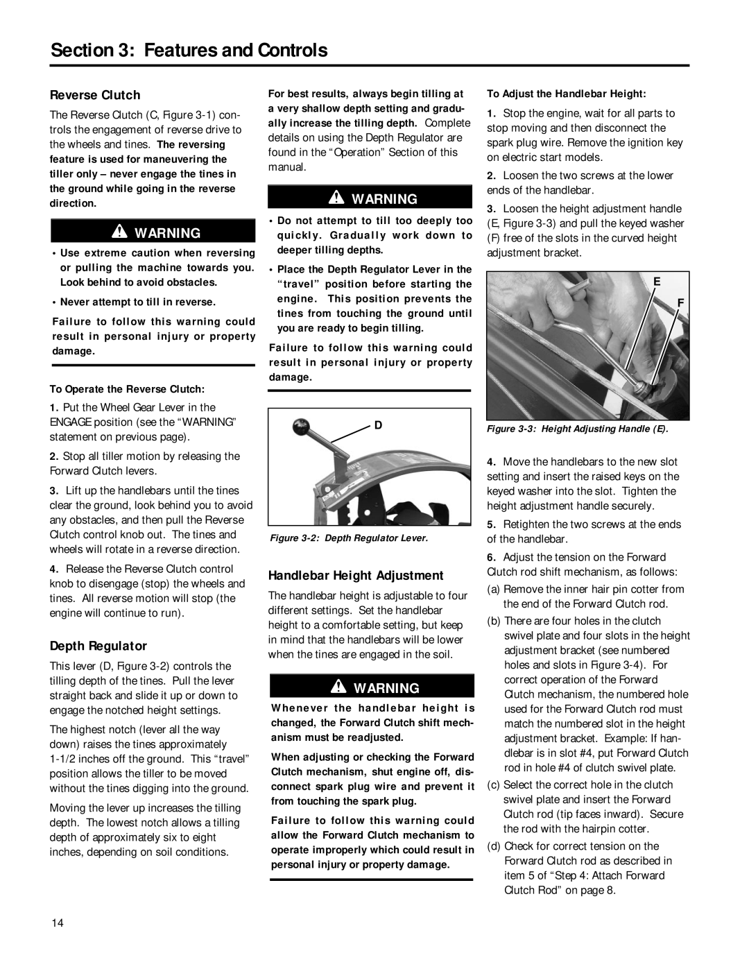 Troy-Bilt 12212, 12211 Reverse Clutch, Depth Regulator, Handlebar Height Adjustment, To Adjust the Handlebar Height 