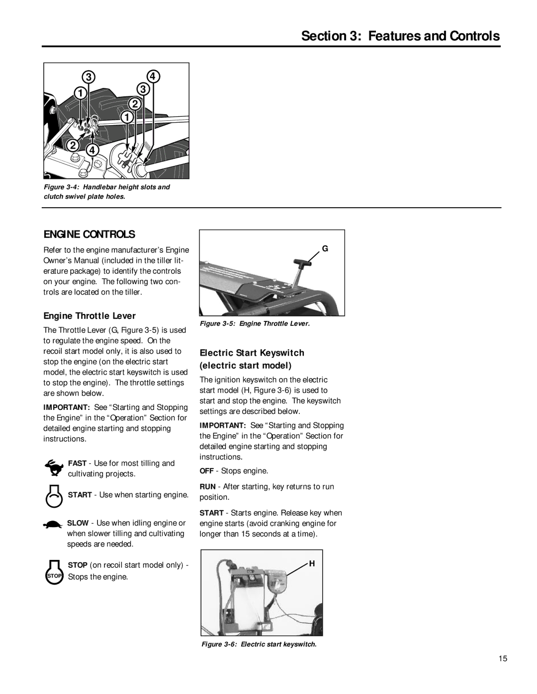 Troy-Bilt 12211, 12212 owner manual Engine Throttle Lever, Electric Start Keyswitch electric start model 