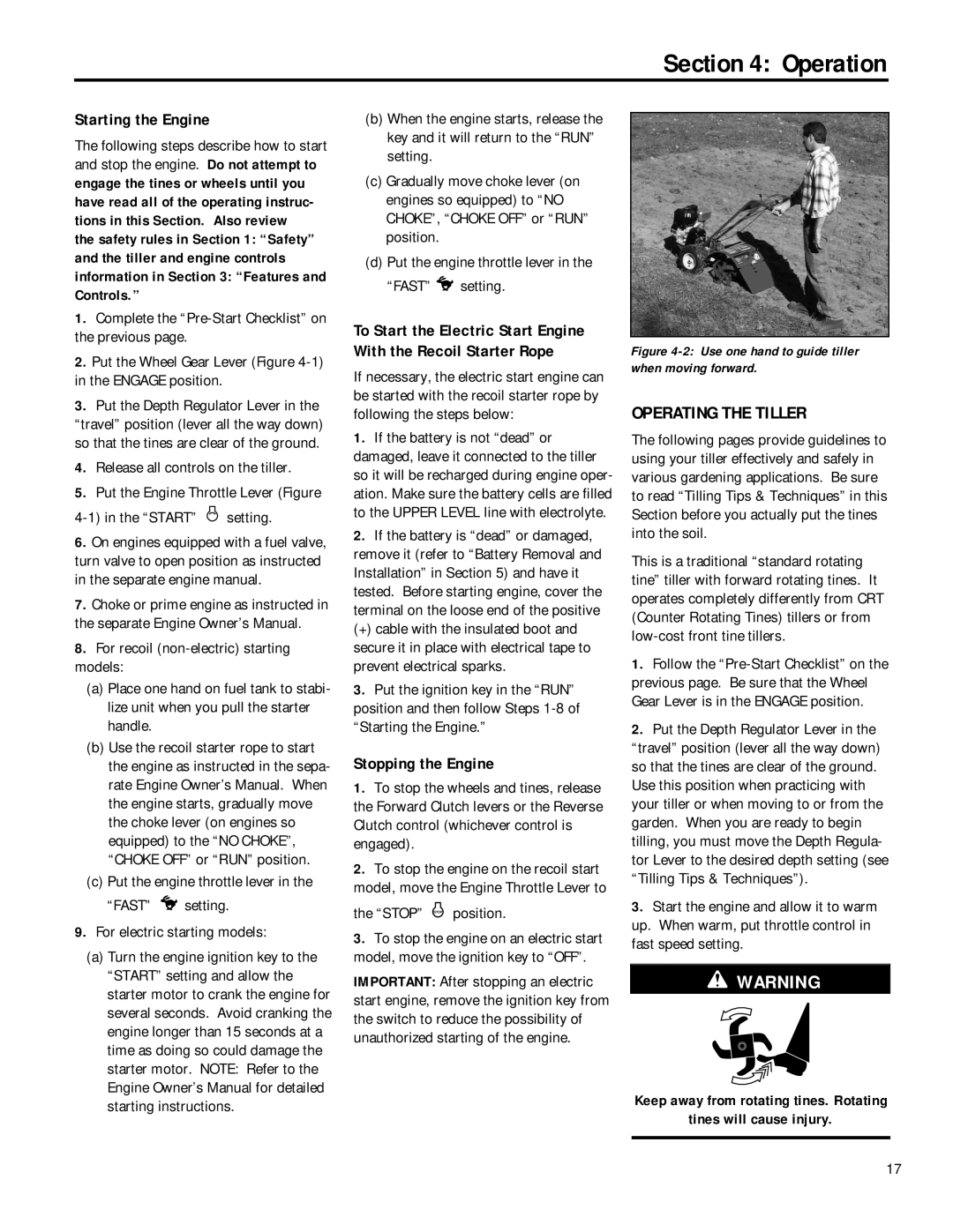 Troy-Bilt 12211, 12212 owner manual Operating the Tiller, Starting the Engine, Stopping the Engine, Stop Stop position 