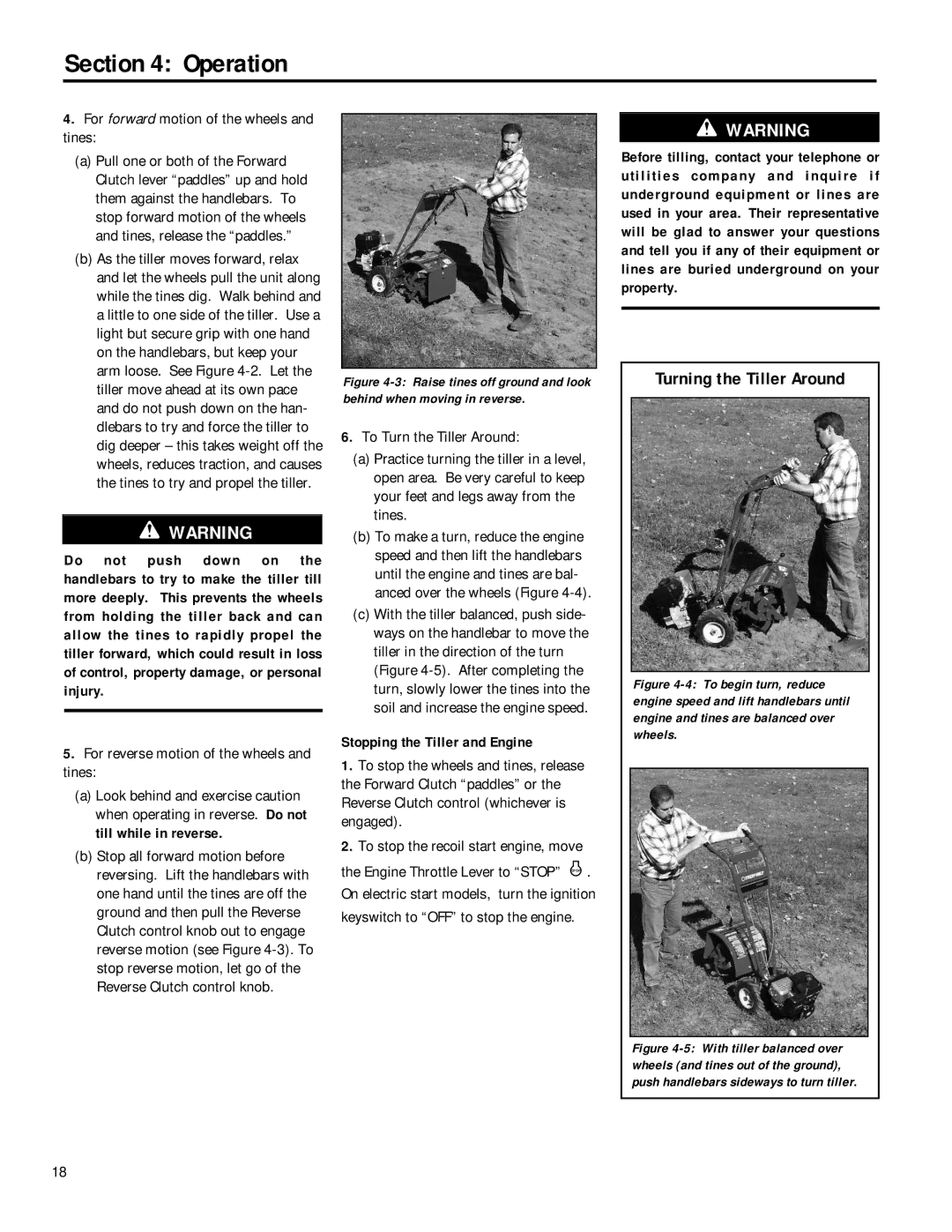 Troy-Bilt 12212 Turning the Tiller Around, For forward motion of the wheels and tines, Stopping the Tiller and Engine 