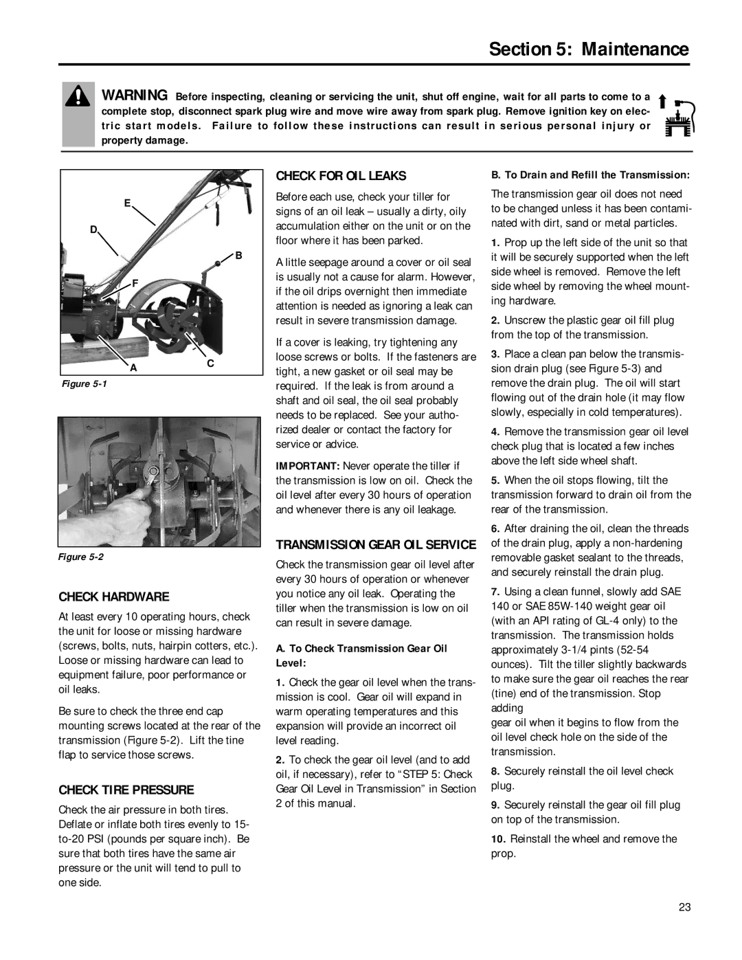 Troy-Bilt 12211, 12212 owner manual Check Hardware, Check Tire Pressure, Check for OIL Leaks, Transmission Gear OIL Service 