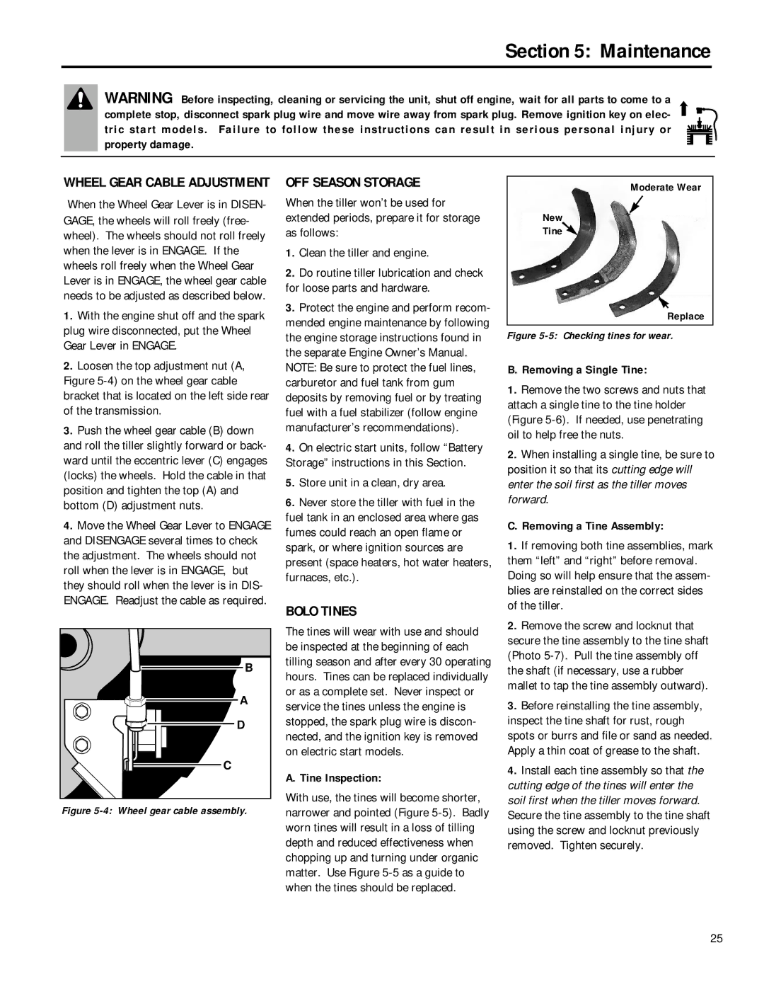 Troy-Bilt 12211, 12212 owner manual OFF Season Storage, Bolo Tines, Wheel Gear Cable Adjustment 