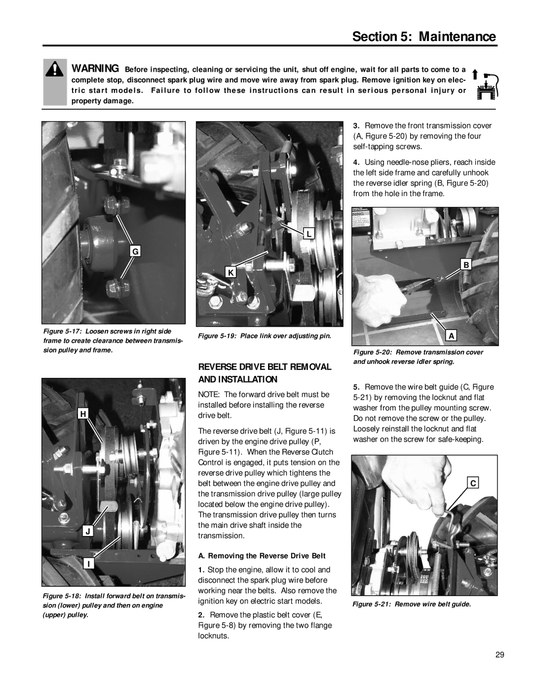 Troy-Bilt 12211, 12212 owner manual Reverse Drive Belt Removal and Installation, Removing the Reverse Drive Belt 