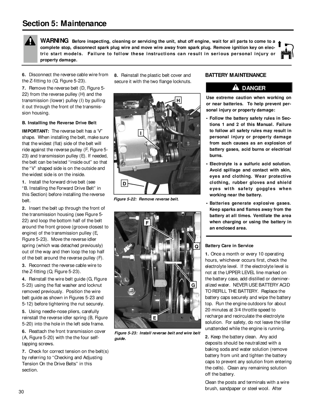 Troy-Bilt 12212, 12211 Battery Maintenance, Installing the Reverse Drive Belt, Before tightening the nut securely 