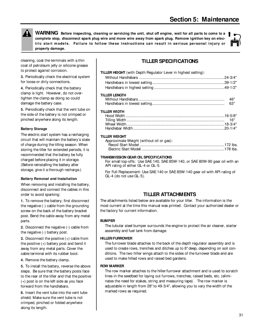 Troy-Bilt 12211 Tiller Length, Tiller Width, Tiller Weight, Transmission Gear OIL Specifications, Bumper, Hiller/Furrower 