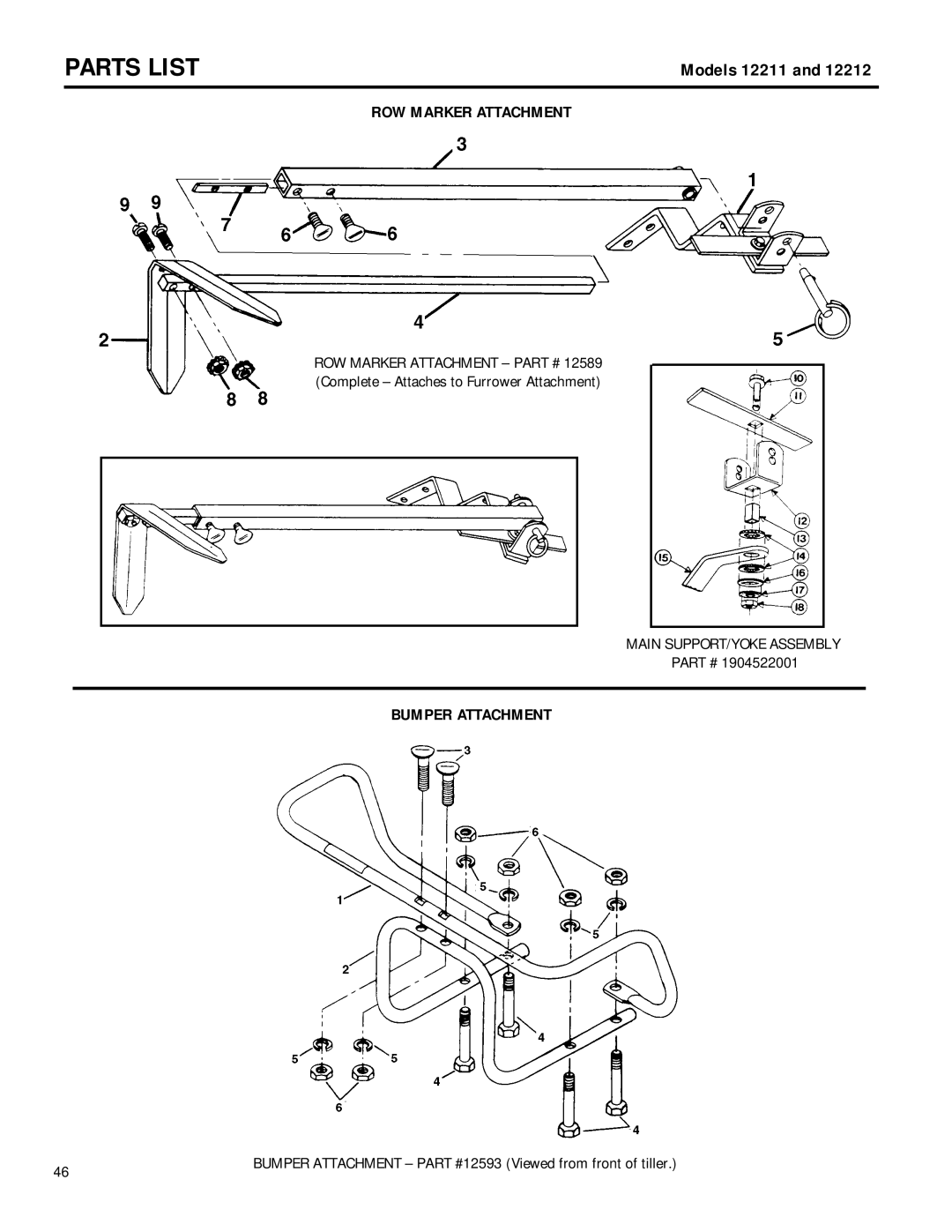 Troy-Bilt 12212, 12211 owner manual ROW Marker Attachment, Bumper Attachment, 1904522001 