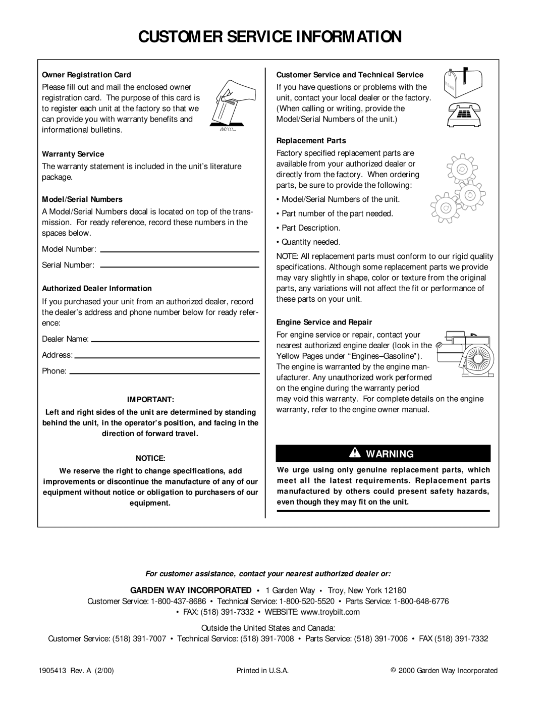 Troy-Bilt 12212, 12211 Owner Registration Card, Warranty Service, Model/Serial Numbers, Authorized Dealer Information 