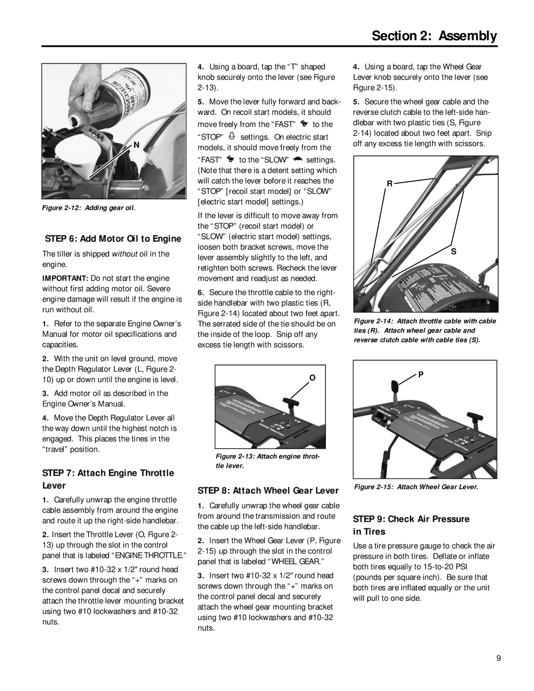 Troy-Bilt 12211, 12212 owner manual Attach Engine Throttle Lever, Check Air Pressure in Tires, Add Motor Oil to Engine 